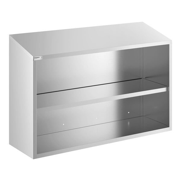 A stainless steel open wall cabinet with a single shelf.