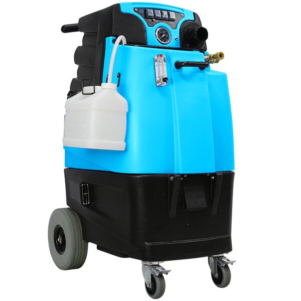 A blue and black Mytee Speedster carpet extractor on wheels with a white jug