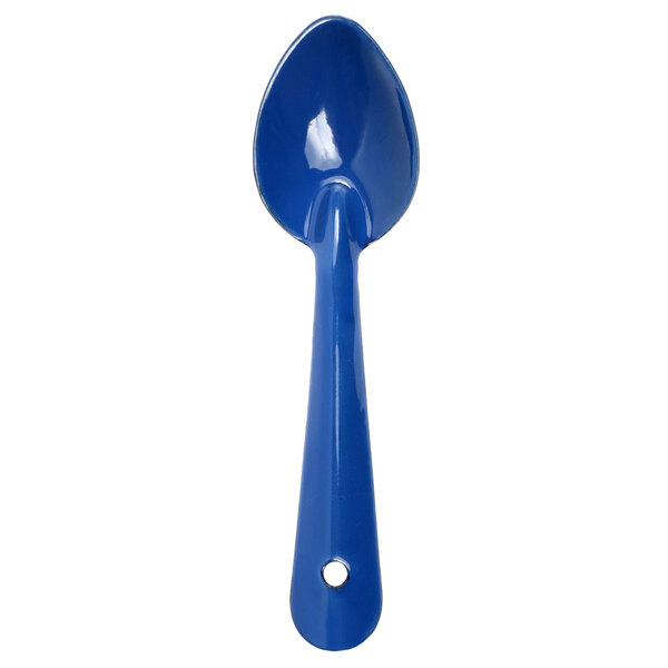 A close-up of a medium blue Crow Canyon Home enamelware serving spoon.