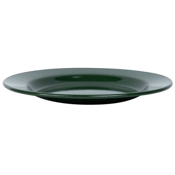 A close up of a Crow Canyon Home Stinson forest green enamelware plate with a wide rim.