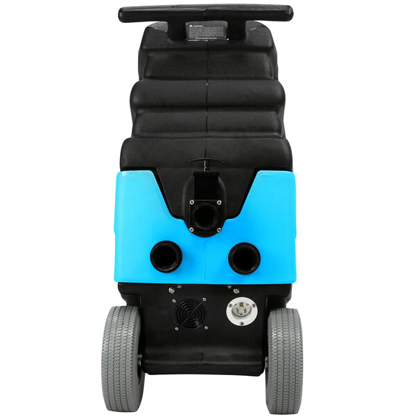 A black and blue Mytee Speedster carpet extractor with wheels.