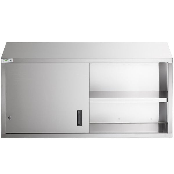 A silver stainless steel Regency wall cabinet with sliding doors.