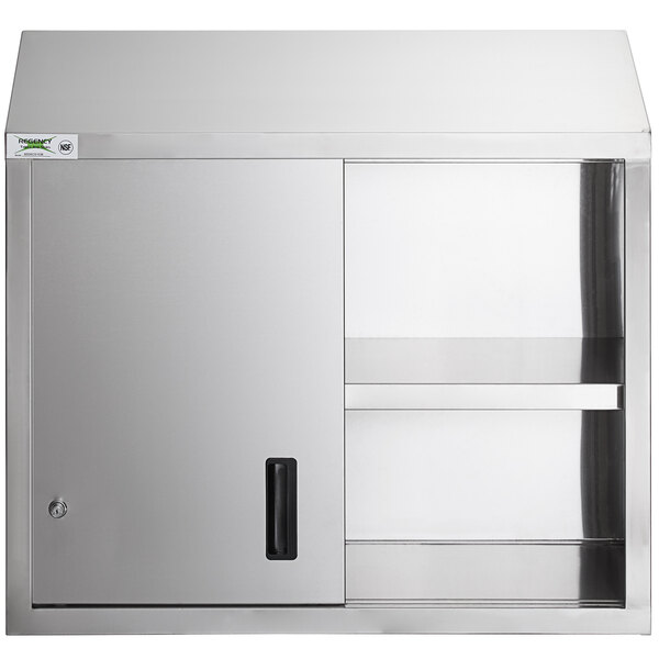 A Regency stainless steel wall cabinet with sliding doors.