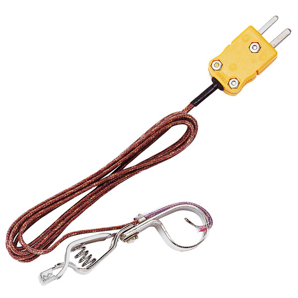 a yellow and red wire with a wire clip