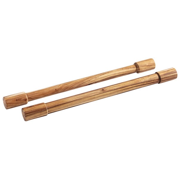 Two Fox Run acacia wood rolling pins with handles.