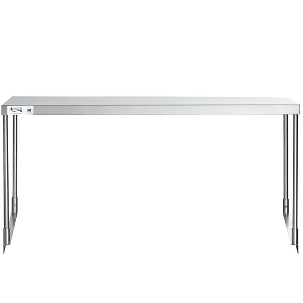 A stainless steel Avantco single deck overshelf on a table.