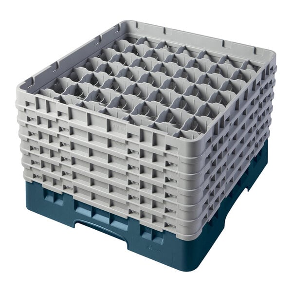 A teal plastic Cambro glass rack with extenders.