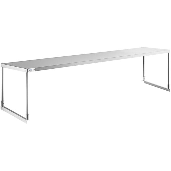 A stainless steel long rectangular shelf for an Avantco table.