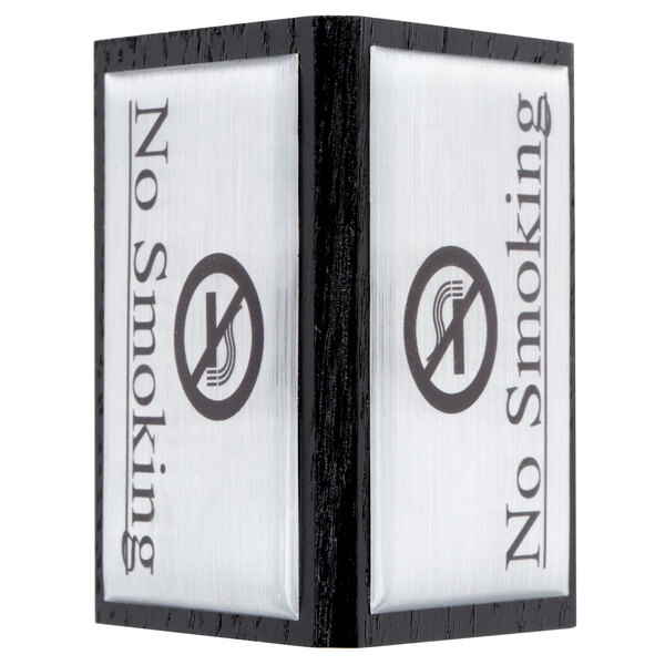 A close-up of a double-sided black and white American Metalcraft "No Smoking" sign.