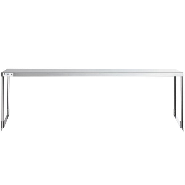 An Avantco stainless steel rectangular overshelf on a table with a white background.
