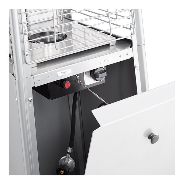 A steel portable propane outdoor patio heater with a glass tube and control panel, shown with its access door open.