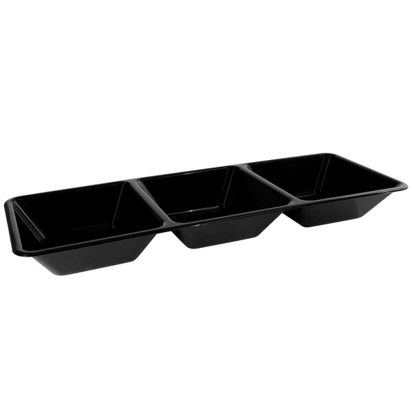 A black Fineline rectangular polystyrene tray with three compartments.