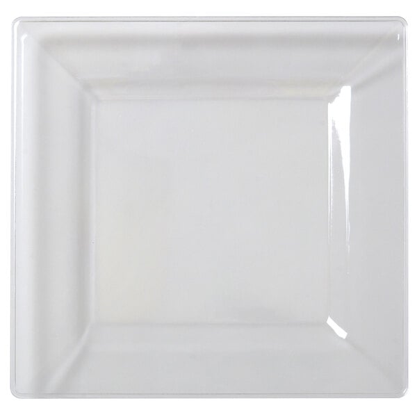 A clear square Fineline Settings dessert plate with a square edge.