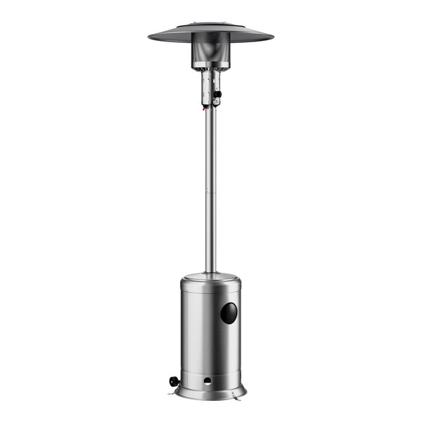 A stainless steel portable propane outdoor patio heater.
