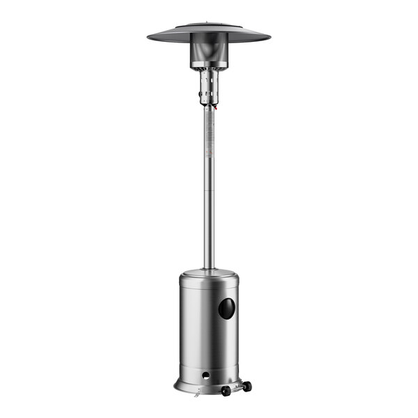 A stainless steel portable propane outdoor patio heater with a round base and top cover.