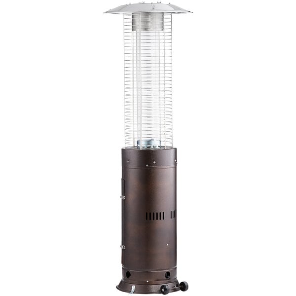 A brown Backyard Pro round portable patio heater with a glass tube top.