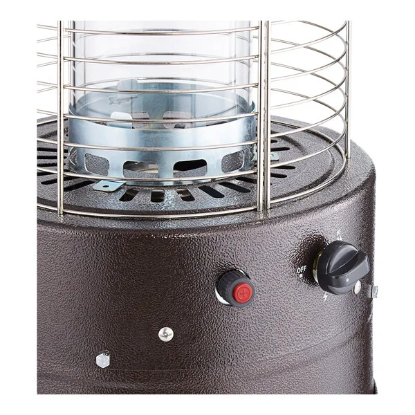 A bronze round portable propane outdoor patio heater with a glass tube and control knobs.