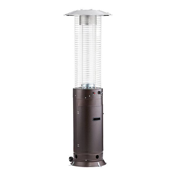 A bronze round portable propane outdoor patio heater with a glass tube and a protective metal grid.