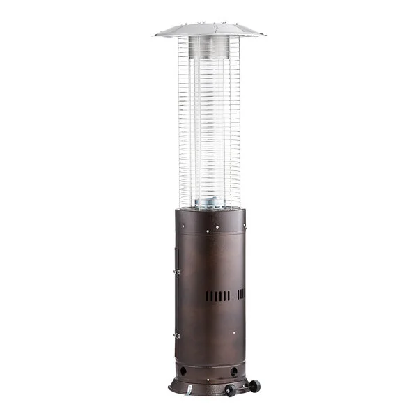 A bronze round portable propane outdoor patio heater with a glass tube and protective metal grill.