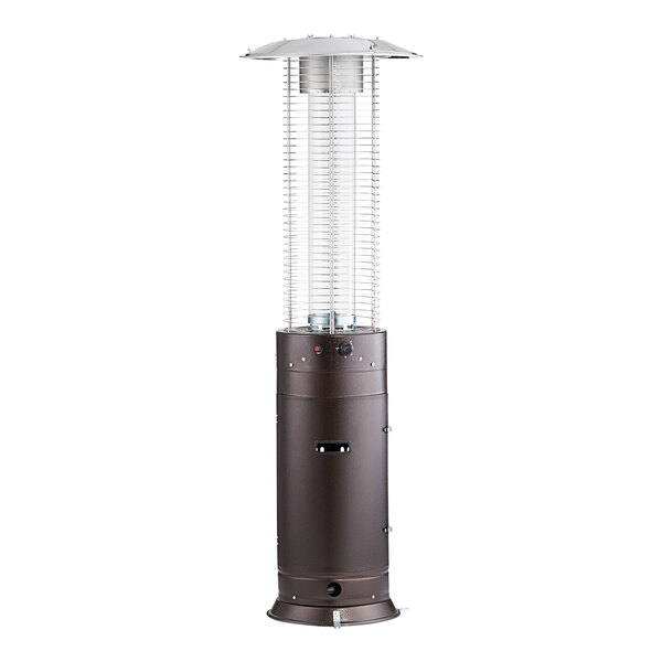 A bronze round portable propane outdoor patio heater with a glass tube and protective metal grill.