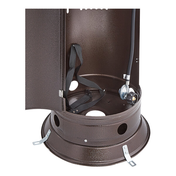 A bronze round portable propane outdoor patio heater base with an open compartment showing the regulator, hose, and securing straps.