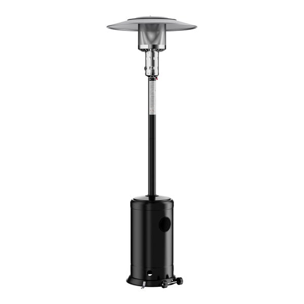 A black portable propane outdoor patio heater with a round base and a wide heat reflector on top.