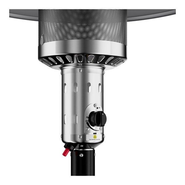 A black and silver portable propane outdoor patio heater with a control knob and metal mesh top.