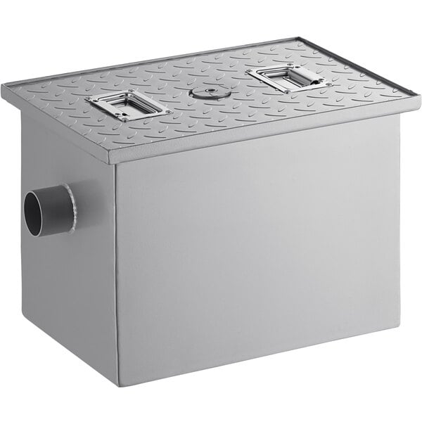 A stainless steel Regency Grease Trap with 2 non-threaded connections.