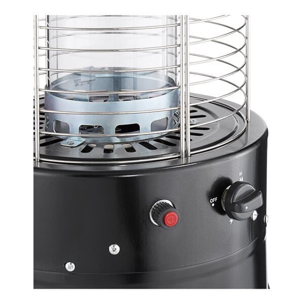 A black round portable propane outdoor patio heater with a glass tube and control knob.