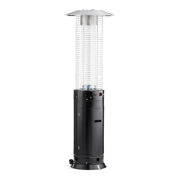 A black round portable propane outdoor patio heater with a glass tube and metal top.