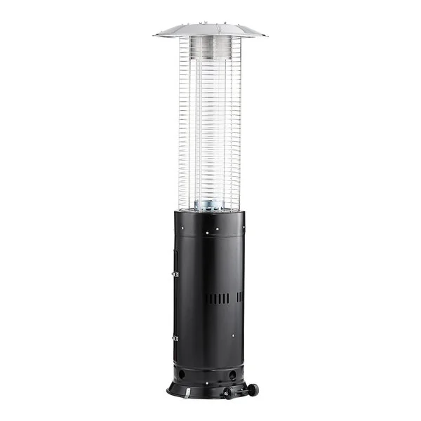 A black round portable propane outdoor patio heater with a glass tube and metal top.