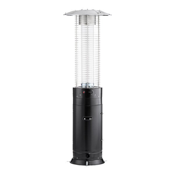A black round portable propane outdoor patio heater with a glass tube and protective metal grill.