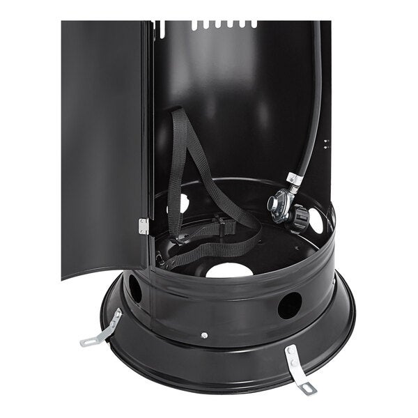 A black round portable propane outdoor patio heater base with an open compartment showing a hose, regulator, and securing straps.