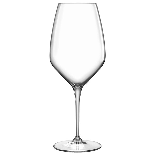 A close-up of a Luigi Bormioli Atelier Sauvignon wine glass with a long stem.