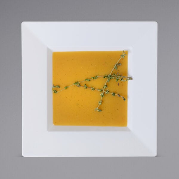 A white Fineline Settings square plastic bowl.