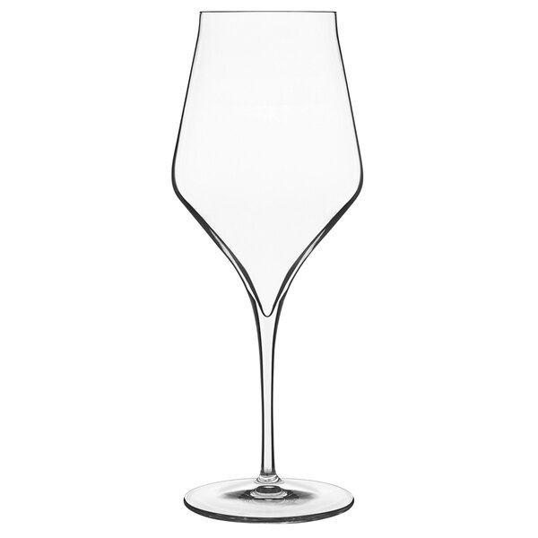 A close-up of a Luigi Bormioli clear wine glass with a long stem.