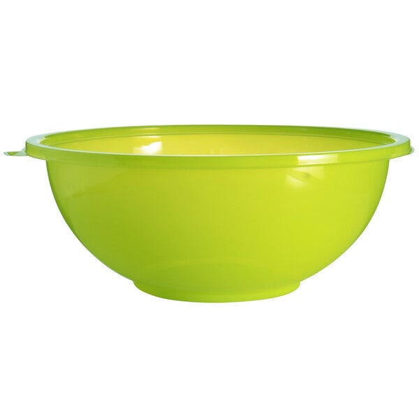 A close up of a green Fineline plastic salad bowl with a lid.