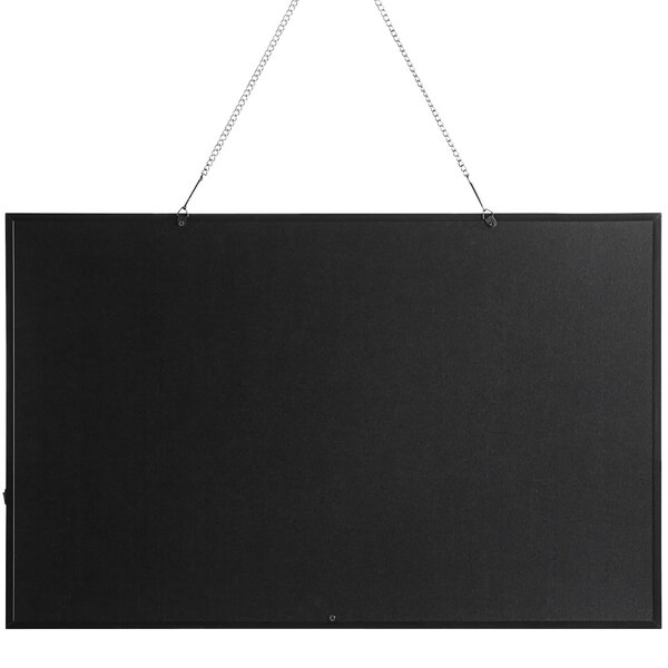 A black rectangular LED sign hanging from a black and silver chain.
