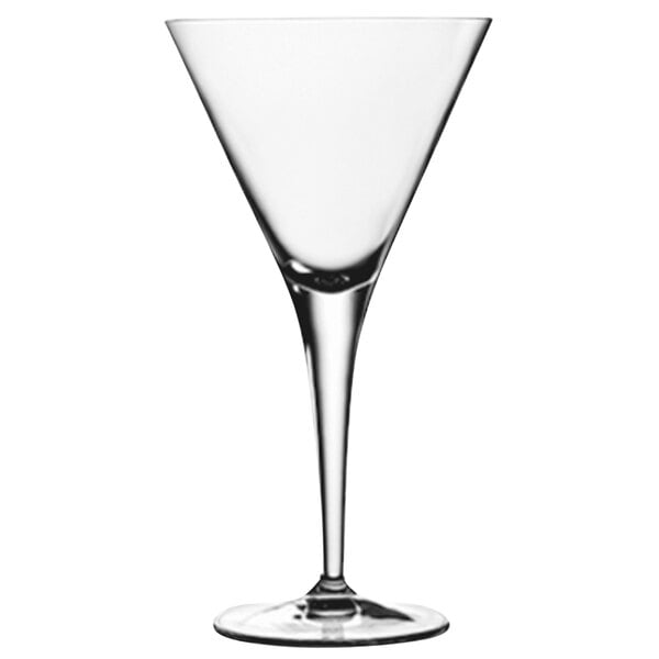 A Luigi Bormioli Michelangelo martini glass with a clear stem and base.