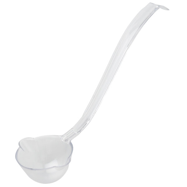 A clear plastic ladle with a long handle.
