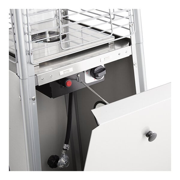 A stainless steel portable propane outdoor patio heater with a glass tube and control panel.