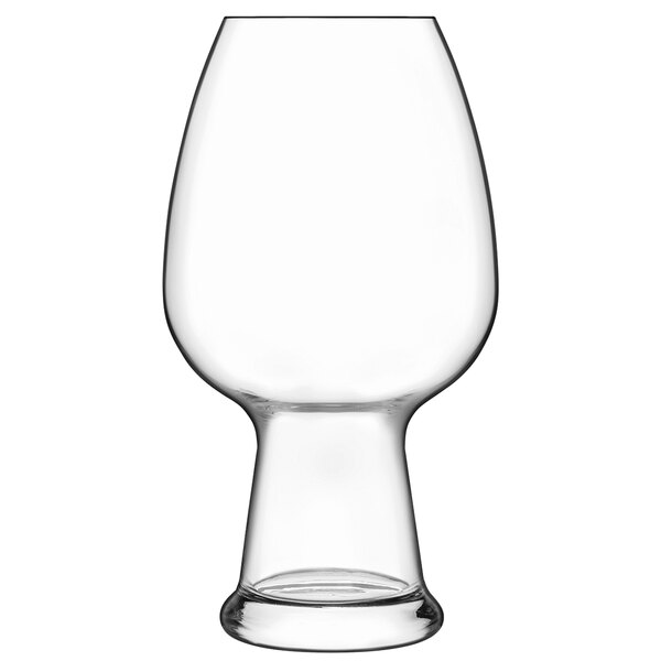 A clear Luigi Bormioli Birrateque wheat glass with a white background.