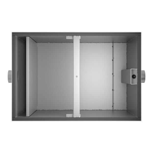 A top view of a white rectangular metal box with a door open.