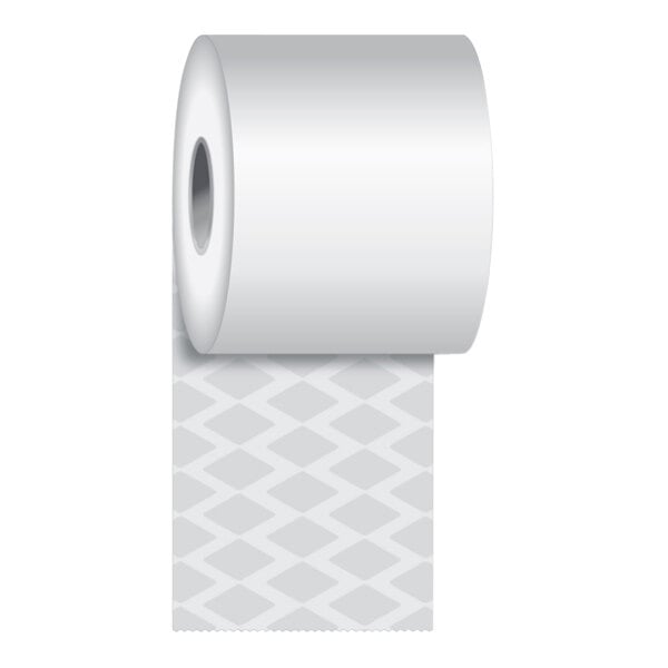 A white and grey roll of Iconex MAXStick PlusD linerless paper with a black and white pattern.