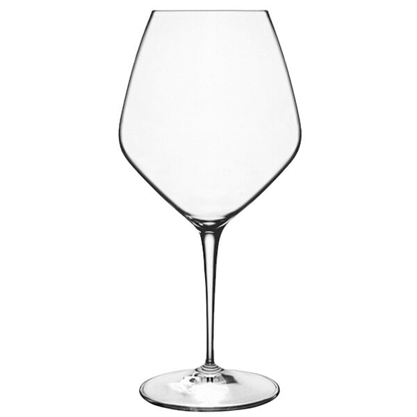 A close-up of a Luigi Bormioli Atelier Shiraz wine glass with a clear stem.