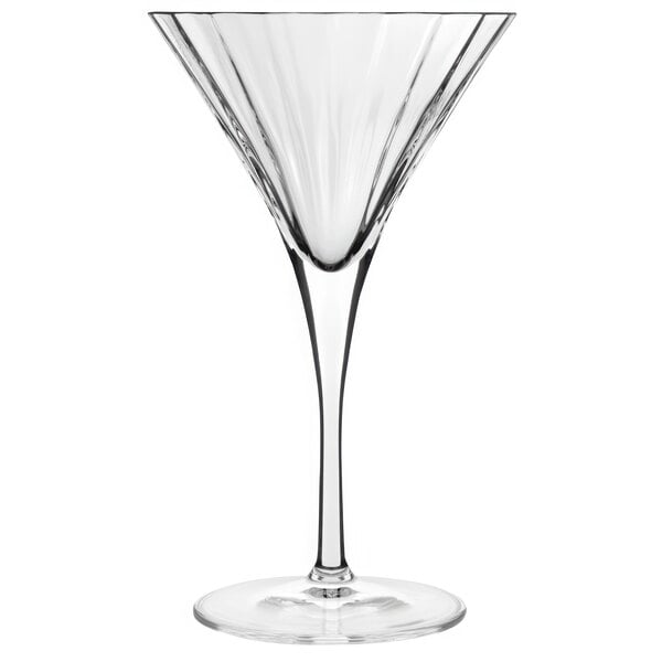 A close-up of a Luigi Bormioli Bach martini glass with a thin stem and rim.