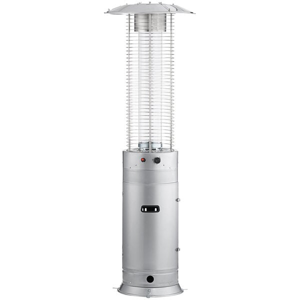 A silver steel round portable patio heater with a glass tube on top.