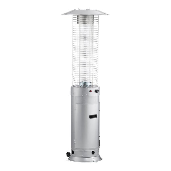A steel round portable propane outdoor patio heater with a glass tube.