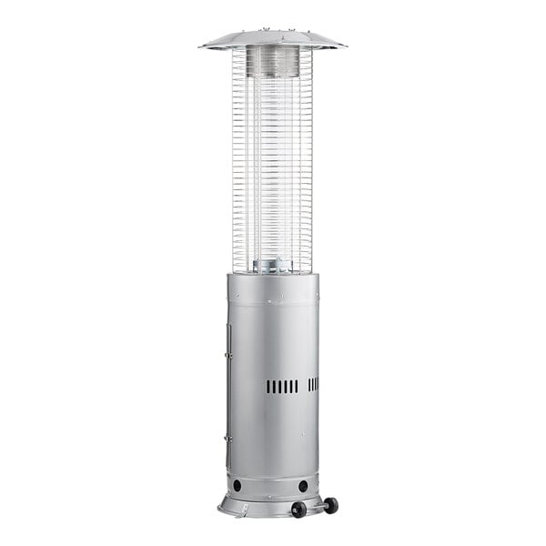 A tall, cylindrical steel propane outdoor patio heater with a glass tube and protective metal grill.