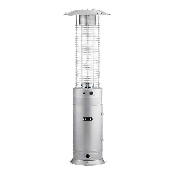 A tall, cylindrical steel propane outdoor patio heater with a glass tube and protective metal grill.